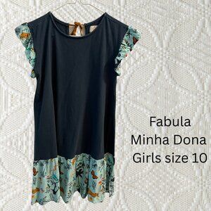 🦋 Fabula Navy Blue Dress w/ Jungle Print Trim – Girls 10 🐆🌿